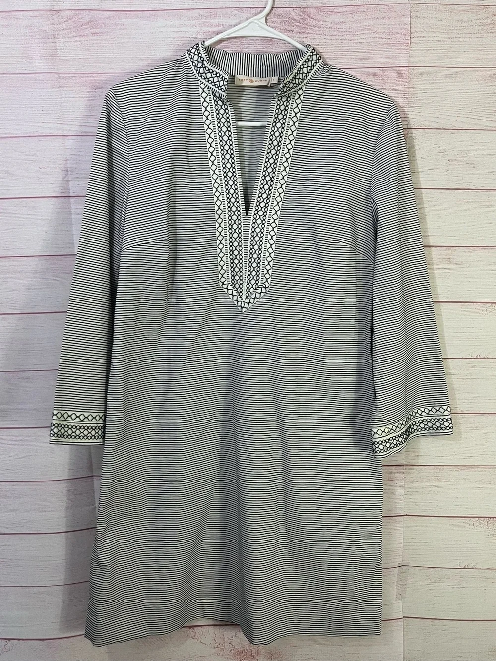 Tory Burch Stripe Embroidered Trim Dress Size 8